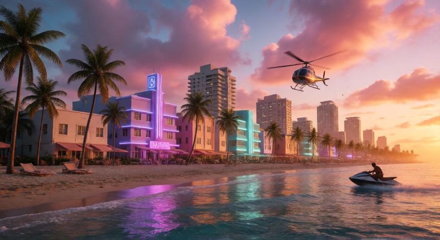 como encontrar los 100 objetos ocultos de vice city, Vista panorámica de Vice City al atardecer con helicóptero sobrevolando el downtown y palmeras en la playa