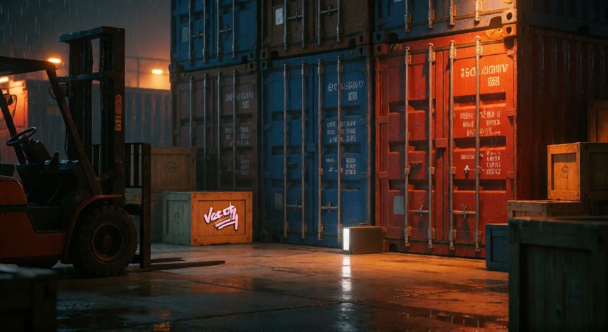 como encontrar los 100 objetos ocultos de vice city, Zona industrial del puerto de Vice City de noche con contenedores y un maletín brillante junto a una caja de madera