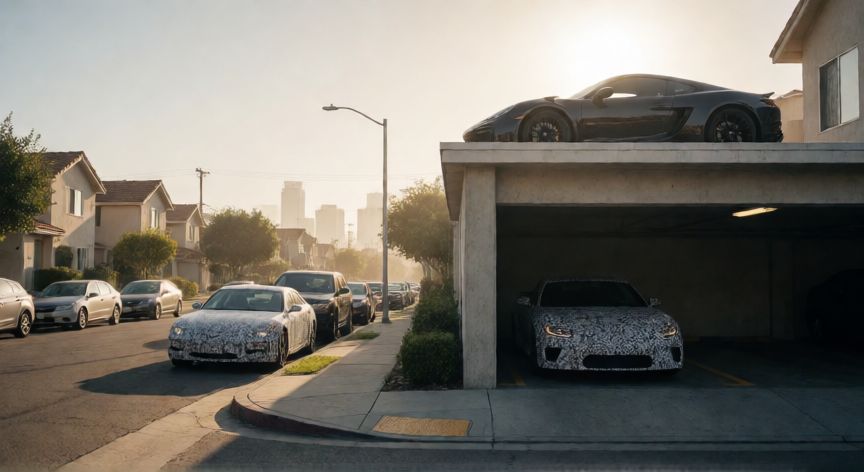 como encontrar los 3 carros en gta 5, Tres coches deportivos escondidos en ubicaciones inusuales de una ciudad estilo Los Santos al atardecer