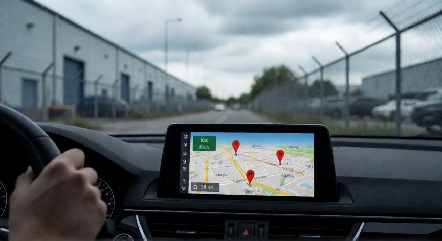 como encontrar los 3 carros en gta 5, Vista desde el volante de un coche con GPS marcando tres ubicaciones en zona industrial de GTA 5