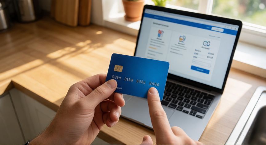 como encontrar los 3 digitos de mi tarjeta bbva, Persona señalando los 3 dígitos de seguridad en el reverso de su tarjeta bancaria durante una compra online