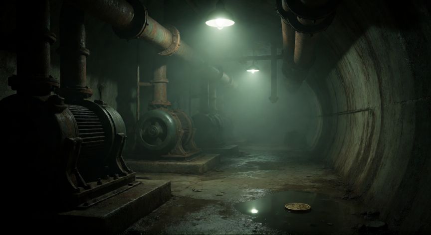 como encontrar los 3 medallones resident evil 2, Sala de bombas en las alcantarillas con el medallón dorado en el suelo junto a un charco