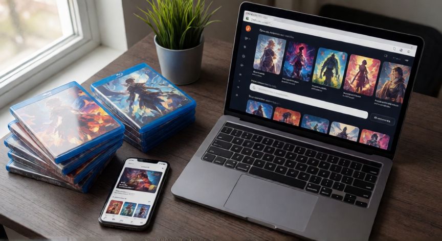 como encontrar los 7 pecados capitales en crunchyroll, Mesa de escritorio con portátil mostrando plataforma de streaming y Blu-rays de anime al lado