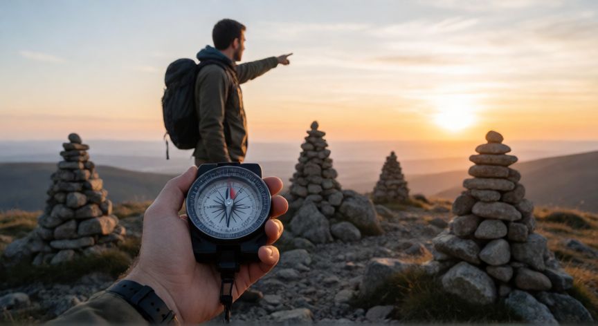 como encontrar los 8 puntos cardinales, Senderista en una colina usando una brújula para identificar los puntos cardinales al atardecer
