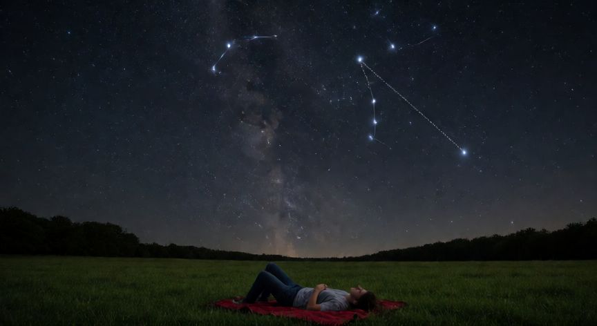 como encontrar los 8 puntos cardinales, Cielo nocturno con la Osa Mayor y una línea punteada apuntando a la Estrella Polar para orientarse al Norte