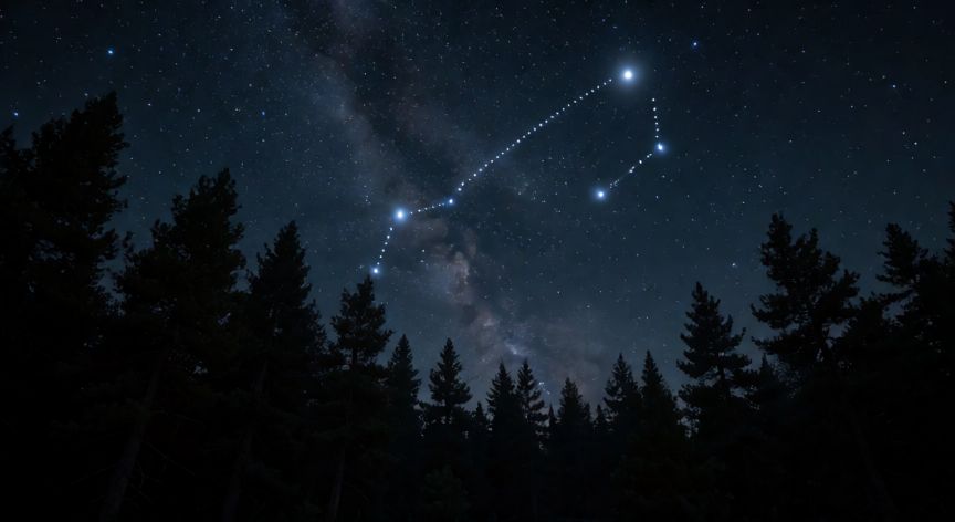 como encontrar los 8 puntos cardinales con las estrellas, Cielo nocturno mostrando la Gran Carreta y una línea imaginaria hacia Polaris, la Estrella Polar