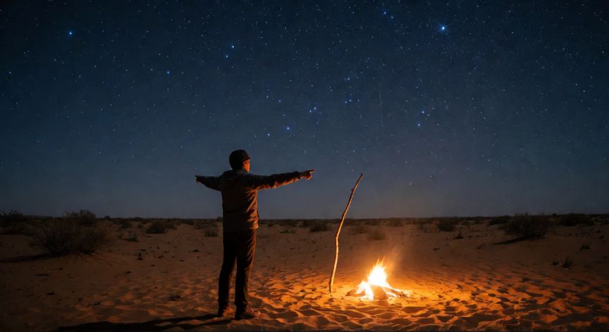como encontrar los 8 puntos cardinales con las estrellas, Navegante en el desierto de noche orientándose con la Cruz del Sur y la sombra de un palo vertical