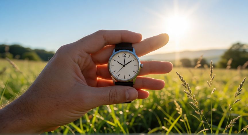 como encontrar los 8 puntos cardinales con un reloj, Persona sosteniendo un reloj analógico en horizontal apuntando la aguja horaria al sol en un campo abierto