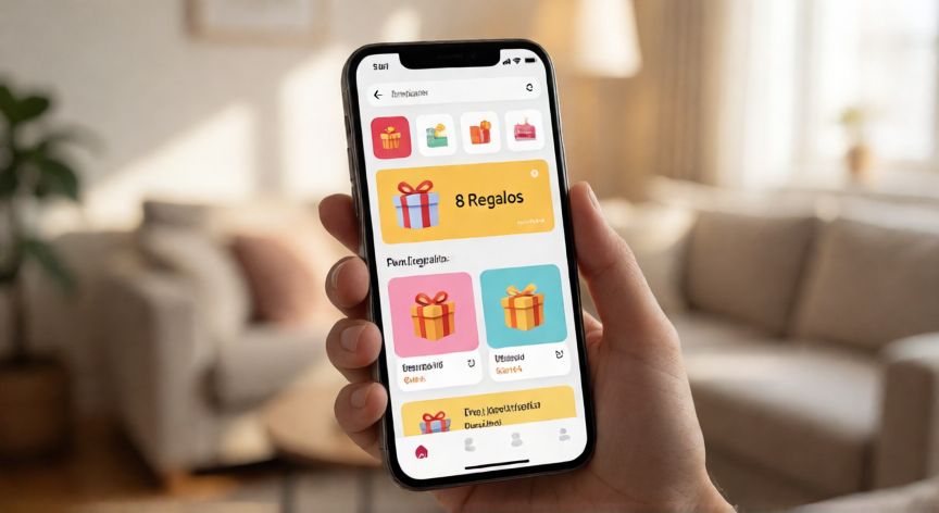 como encontrar los 8 regalos de temu, Teléfono móvil mostrando la app de Temu con la sección de 8 regalos promocionales