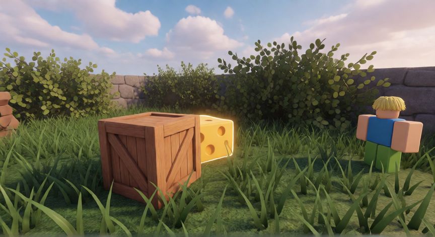 como encontrar los 9 quesos en roblox, Queso escondido detrás de una caja en un mundo estilo Roblox
