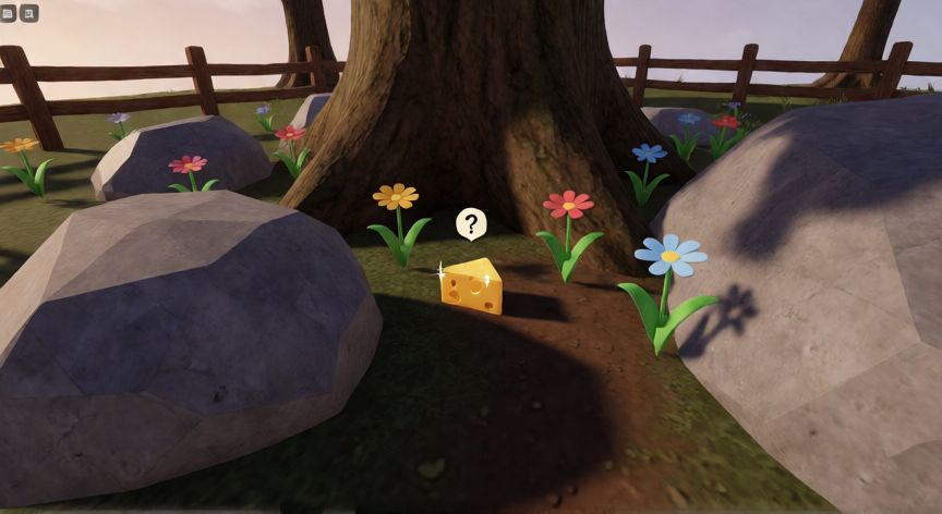 como encontrar los 9 quesos en roblox, Vista en primera persona de un queso brillante en el suelo junto a un árbol en Roblox