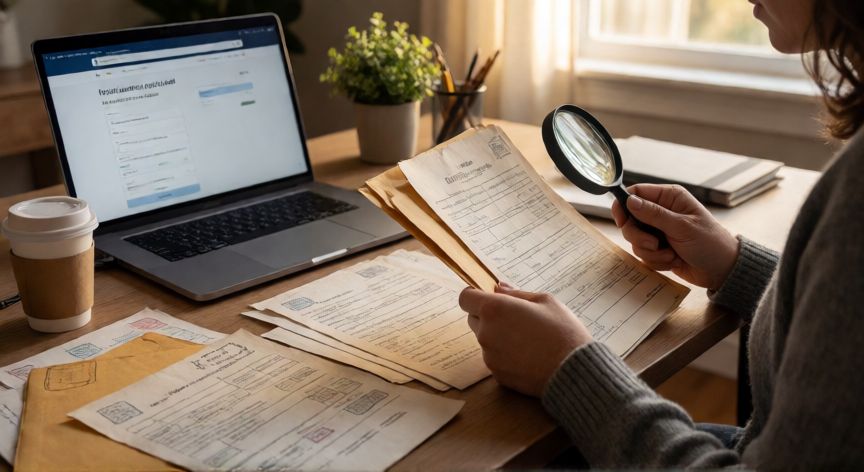 como encontrar mi 401k, Persona buscando documentos antiguos de cuenta 401k en su escritorio con lupa y laptop