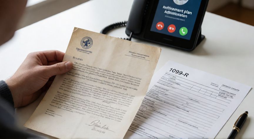 como encontrar mi 401k, Manos sosteniendo carta oficial de administrador de plan 401k junto a formulario 1099-R