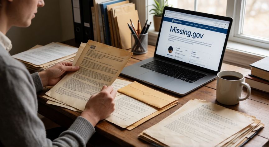 como encontrar mi 401k en español, Persona buscando documentos antiguos de su 401k en casa con una laptop abierta