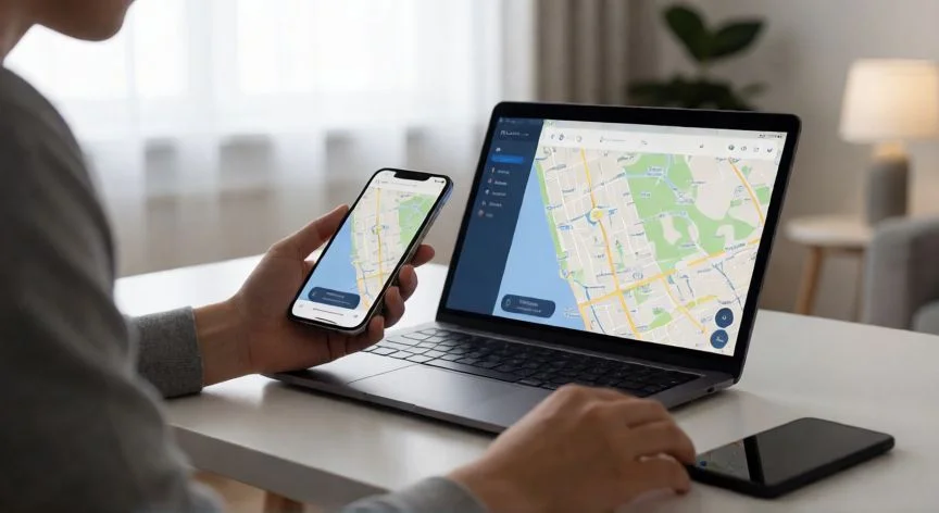 Persona buscando su iPhone perdido en casa con una laptop mostrando un mapa