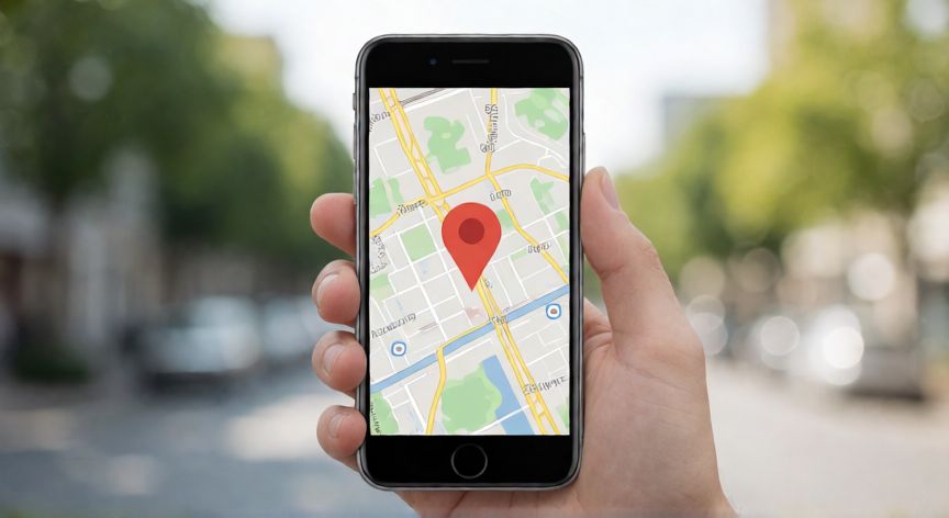 como encontrar mi iphone, Mano sosteniendo un iPhone con una aplicación de mapa mostrando un pin de ubicación
