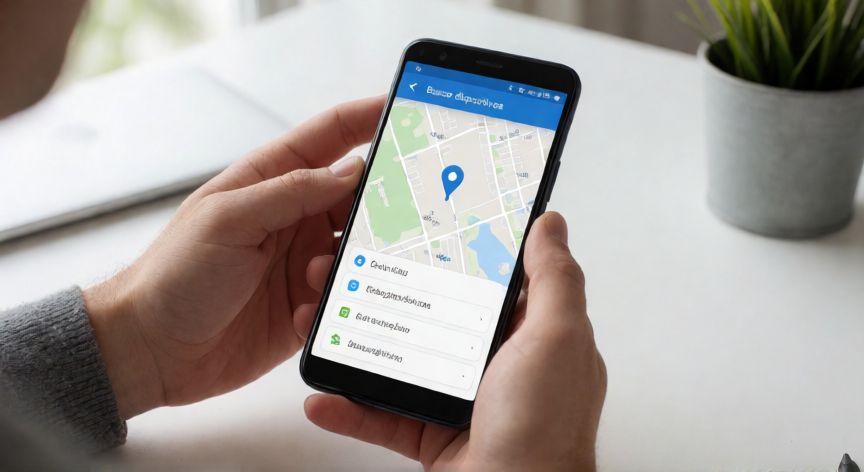 como encontrar mi movil con google, Persona localizando un móvil Android con la herramienta Buscar dispositivos de Google