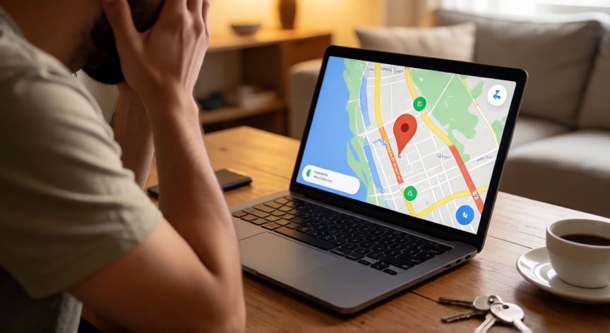 como encontrar mi pixel 8, Persona buscando su teléfono perdido en la web de Buscar dispositivo de Google en una laptop