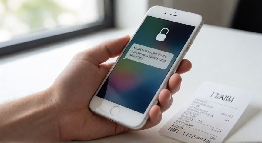 como encontrar mi pixel 8, Manos sosteniendo un teléfono bloqueado junto a la factura con el número IMEI visible