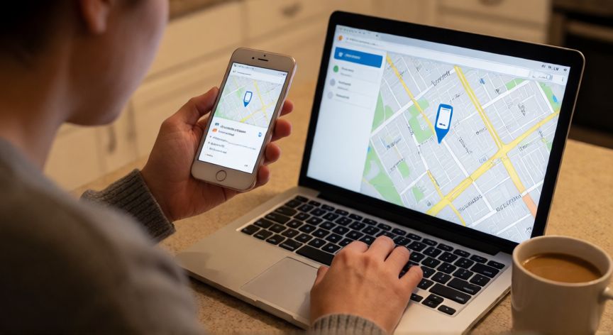 como encontrar mi telefono, Persona localizando su teléfono perdido mediante una aplicación de mapa en el portátil