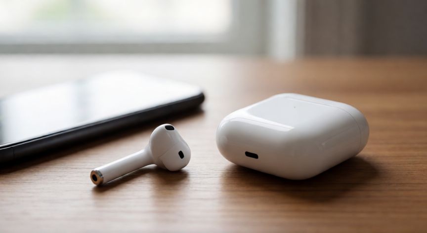 como encontrar mis airpods, AirPods y su funda sobre una mesa de trabajo