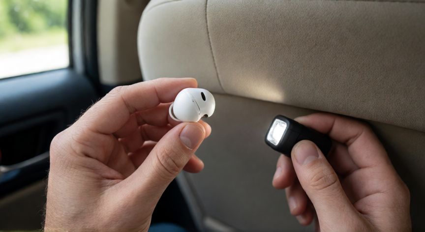 como encontrar mis buds 2, Buscando unos Galaxy Buds 2 bajo el asiento de un coche con linterna del móvil