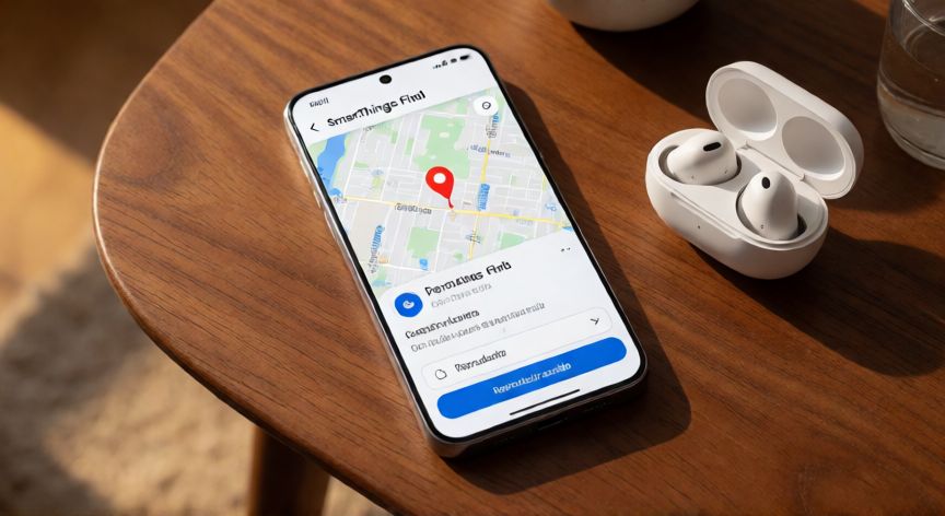 como encontrar mis buds 2, Pantalla del móvil mostrando SmartThings Find con mapa y opción de reproducir sonido junto al estuche de los Buds 2