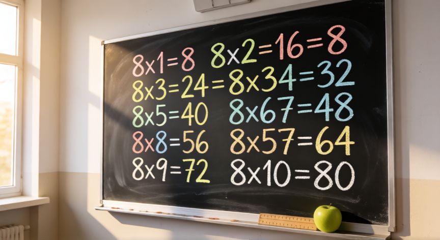 como encontrar multiplos de 8, Pizarra con la tabla de multiplicar del 8 escrita en tiza de colores
