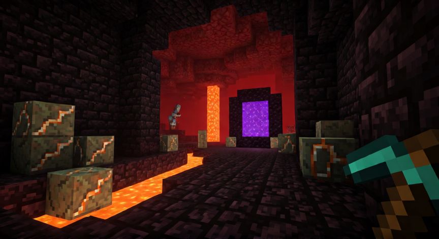 como encontrar netherite, Interior de un bastión del Nether con bloques de antigua del nether y lava
