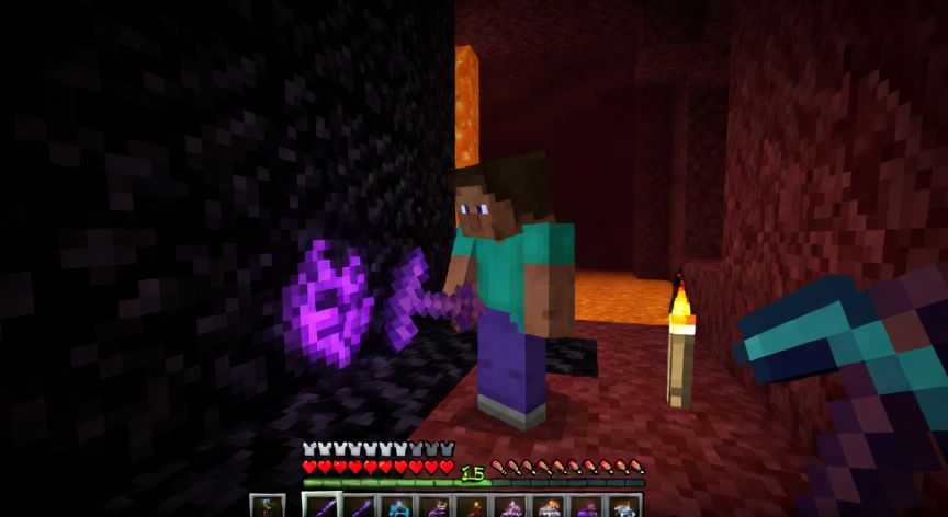como encontrar netherite 1.21 8, Minero en el Nether excavando un bloque de ancient debris con pala de diamante a la altura Y=15