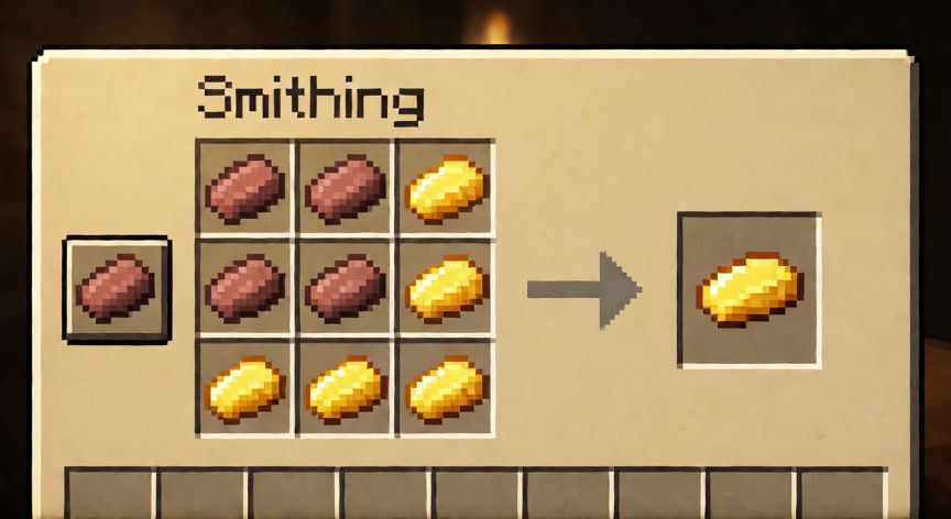 como encontrar netherite 1.21 8, Interfaz de la tabla de herrería mostrando la receta de 4 netherite scrap y 4 oro para crear un lingote de netherite