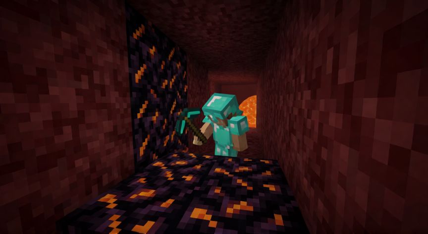 como encontrar netherite en minecraft 1.21, Jugador minando escombros antiguos en el Nether de Minecraft a nivel Y 15