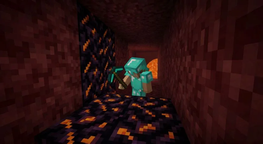 Jugador minando escombros antiguos en el Nether de Minecraft a nivel Y 15