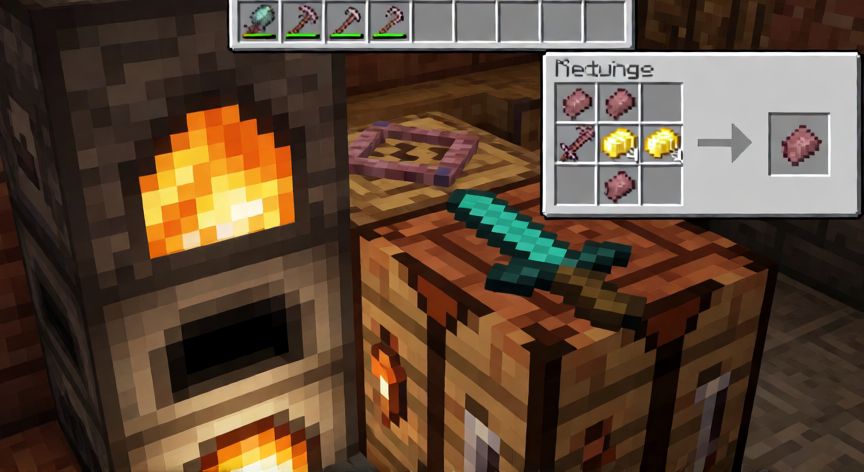 como encontrar netherite en minecraft 1.21, Horno fundiendo escombros antiguos y mesa de afinado con lingote de netherite en Minecraft