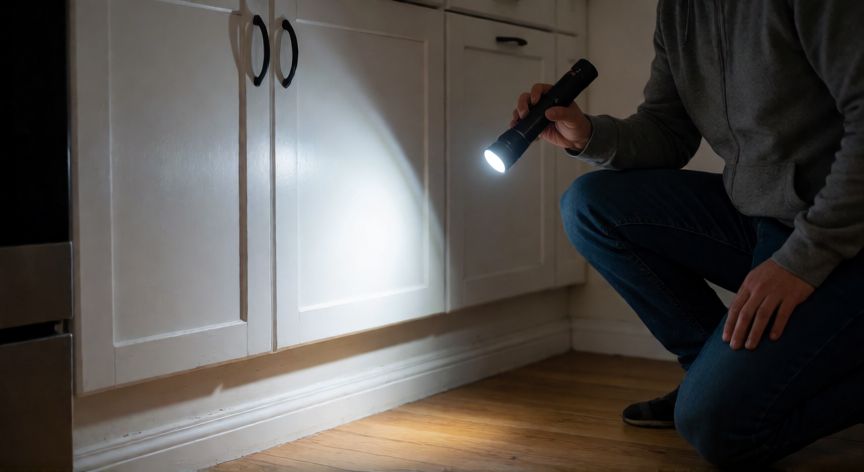 como encontrar nidos de cucarachas, Inspección nocturna de una pared con linterna para detectar nidos de cucarachas