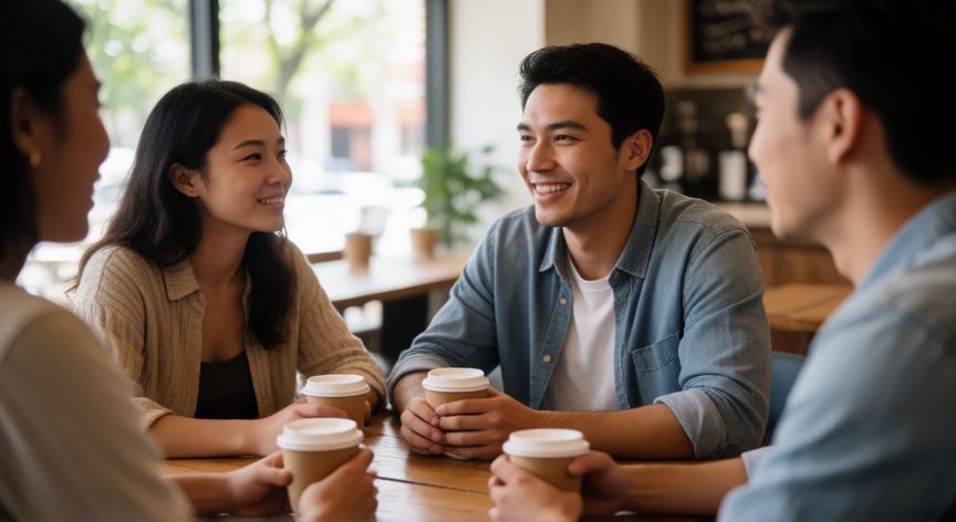 como encontrar novia, Hombre conversando con amigos en una cafetería