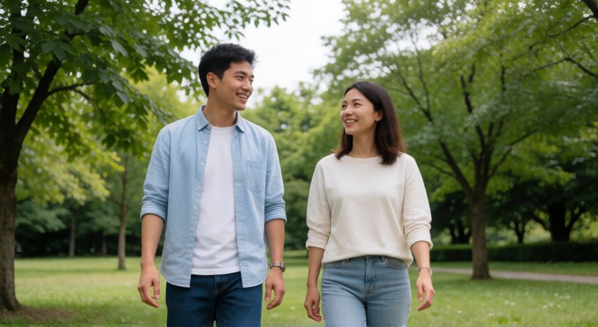 como encontrar novia, Pareja paseando por un parque