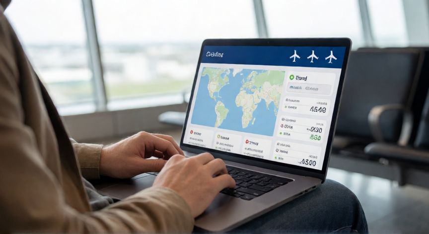 como encontrar ofertas de vuelos, Persona buscando ofertas de vuelos en una laptop en un aeropuerto