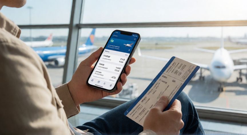 como encontrar ofertas de vuelos, Viajero revisando una oferta de vuelo en el móvil con el pase de embarque