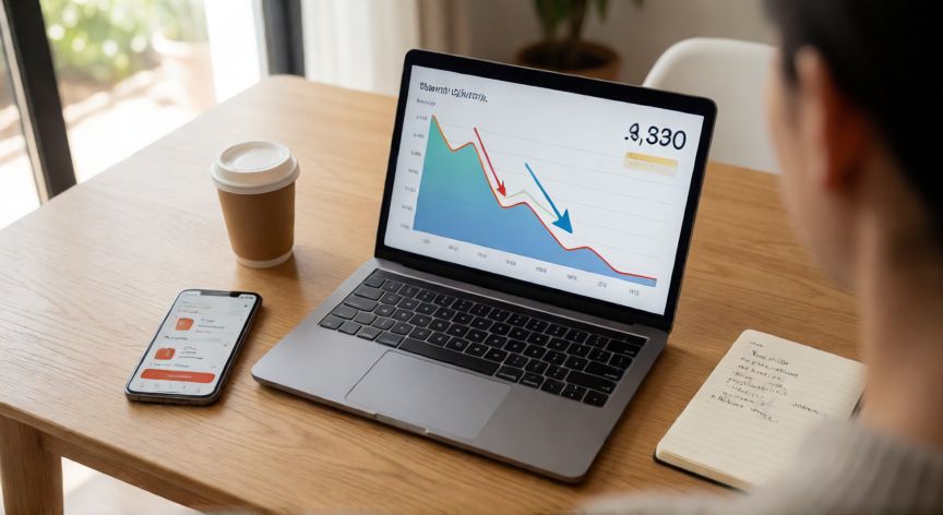 como encontrar ofertas en amazon, Persona analizando un gráfico de evolución de precios en su portátil mientras busca ofertas en Amazon desde casa