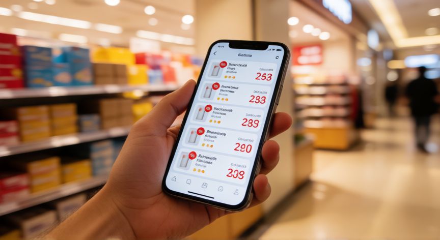 como encontrar ofertas en amazon, Persona revisando descuentos y cupones en el móvil mientras camina por un centro comercial