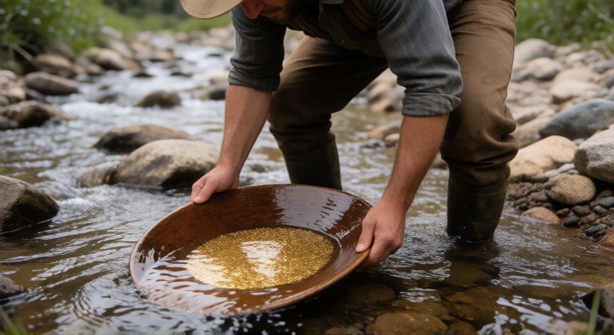 como encontrar oro, Persona bateando oro en un arroyo con una batea de madera