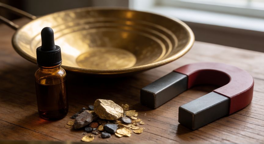 como encontrar oro, Herramientas de prospección con oro, imán y muestra de minerales pesados
