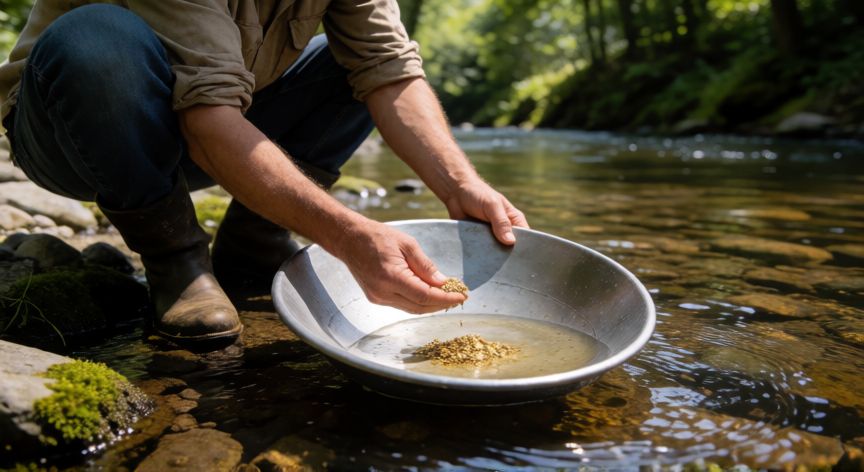 como encontrar oro en españa, Persona buscando oro con bandeja en un río de España