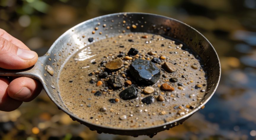 como encontrar oro en españa, Bandeja con arena oscura y partículas de oro después de panificar
