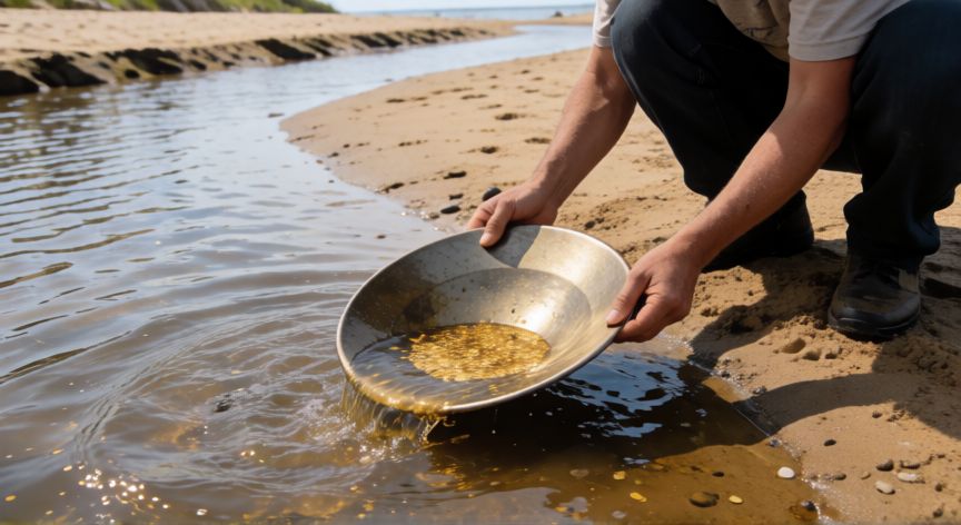como encontrar oro en la playa, Persona buscando oro en la playa con un cazo de prospección