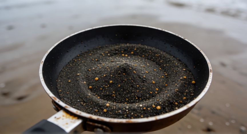 como encontrar oro en la playa, Cazo con arena oscura y partículas de oro recién encontradas