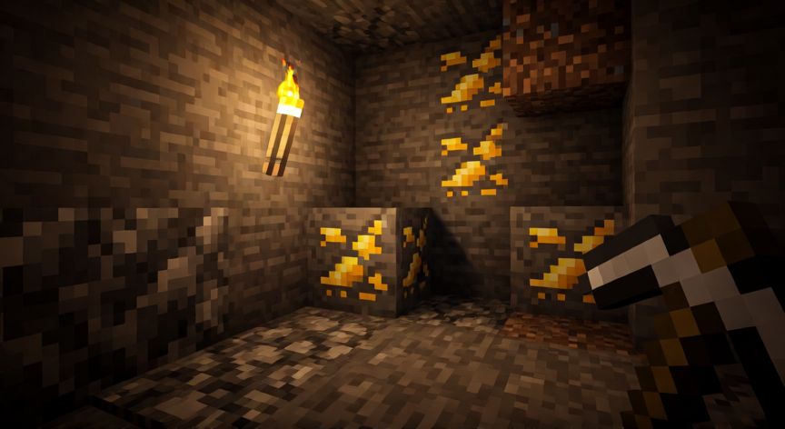 como encontrar oro en minecraft, Jugador de Minecraft minando oro en una cueva profunda