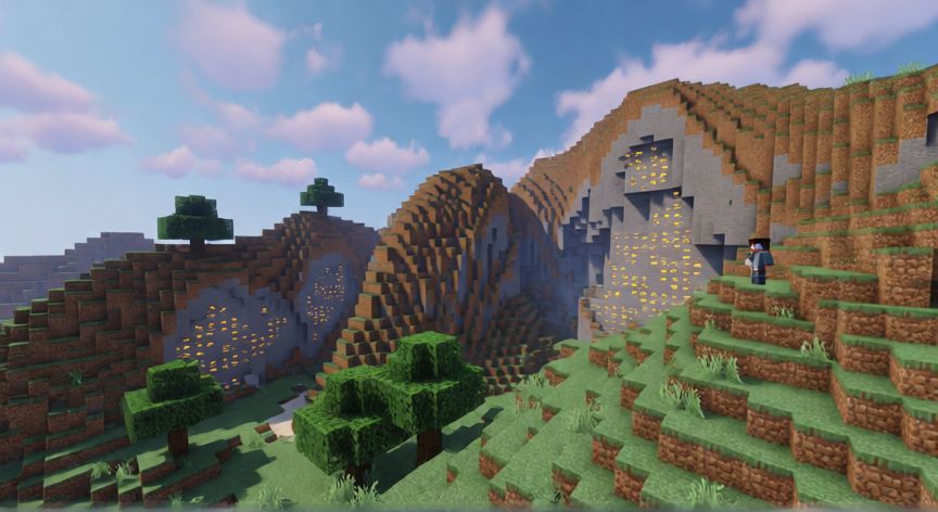 como encontrar oro en minecraft, Paisaje de Minecraft con oro visible en las colinas