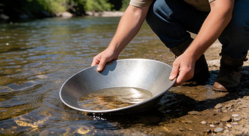 como encontrar oro en un rio, Persona usando una bandeja para buscar oro en un río